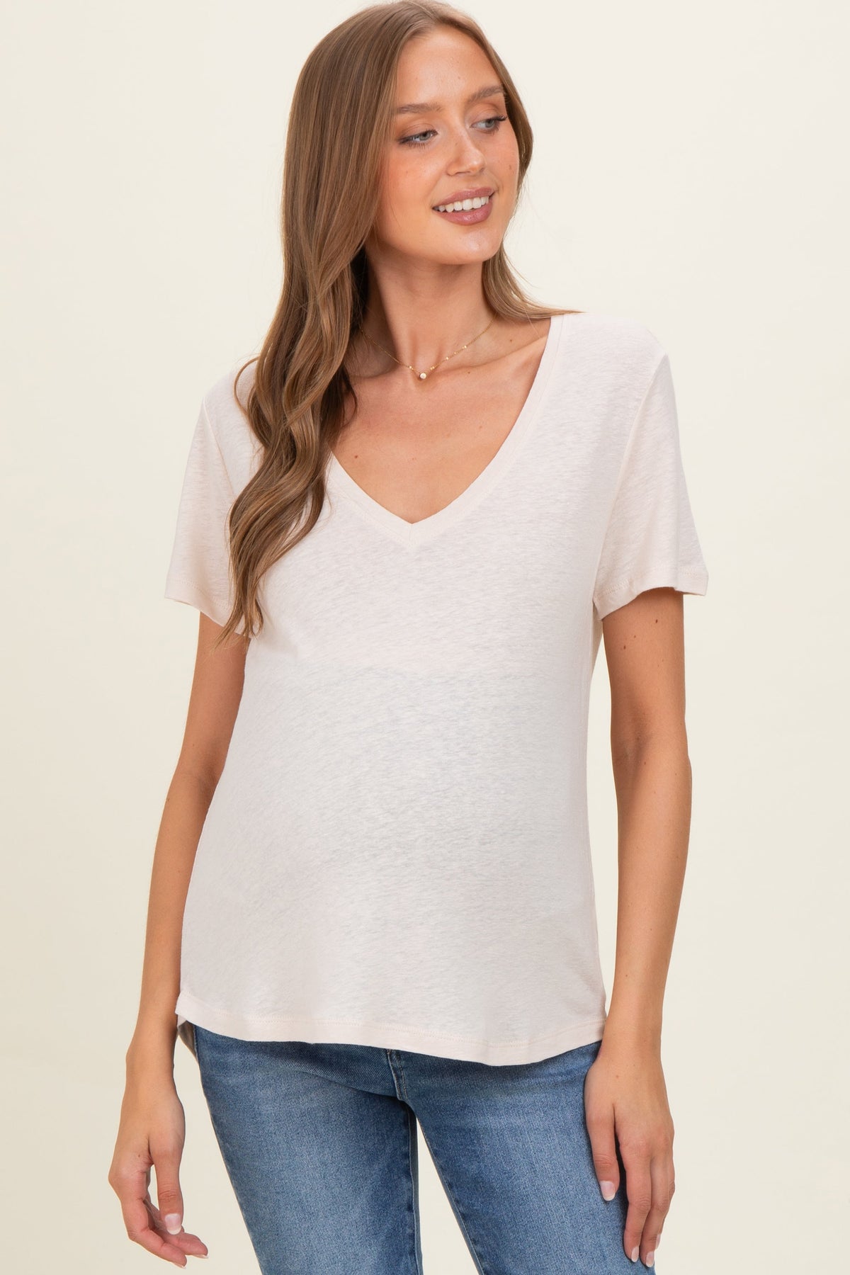 Natural Linen Blend V-Neck Short Sleeve Maternity T-Shirt