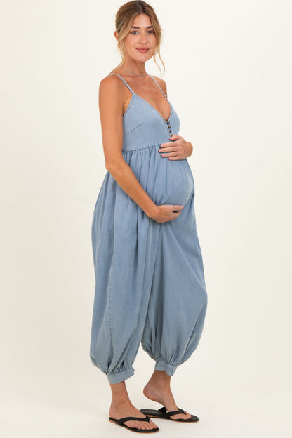 Denim Blue Sleeveless Button Down Maternity Jumpsuit