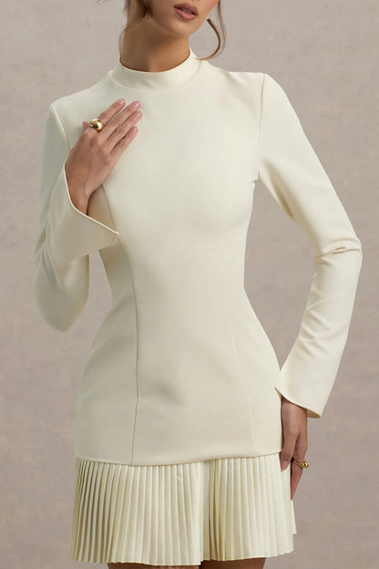 Athena Cream Long Sleeve Mini Dress With Pleated Hem
