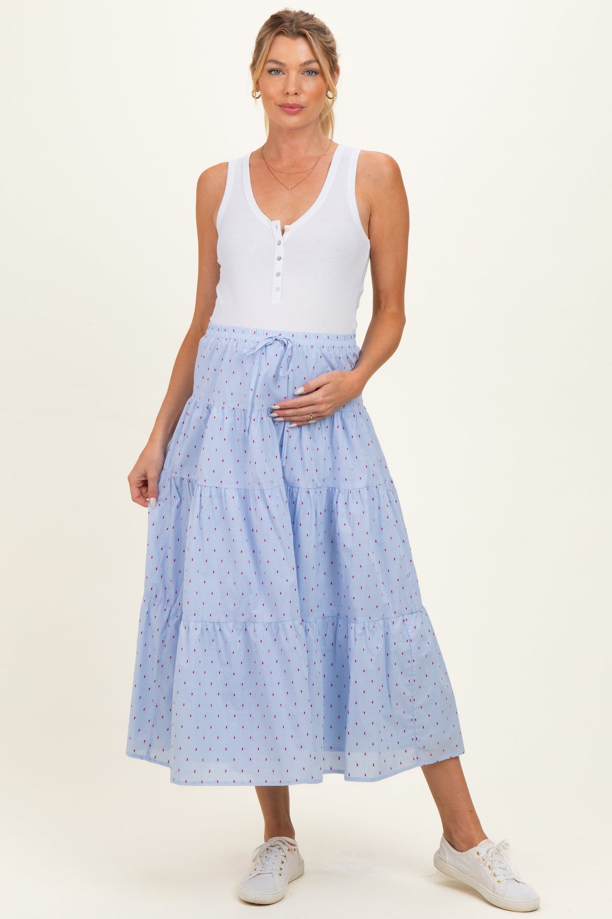 Light Blue Printed Tiered Maternity Maxi Skirt
