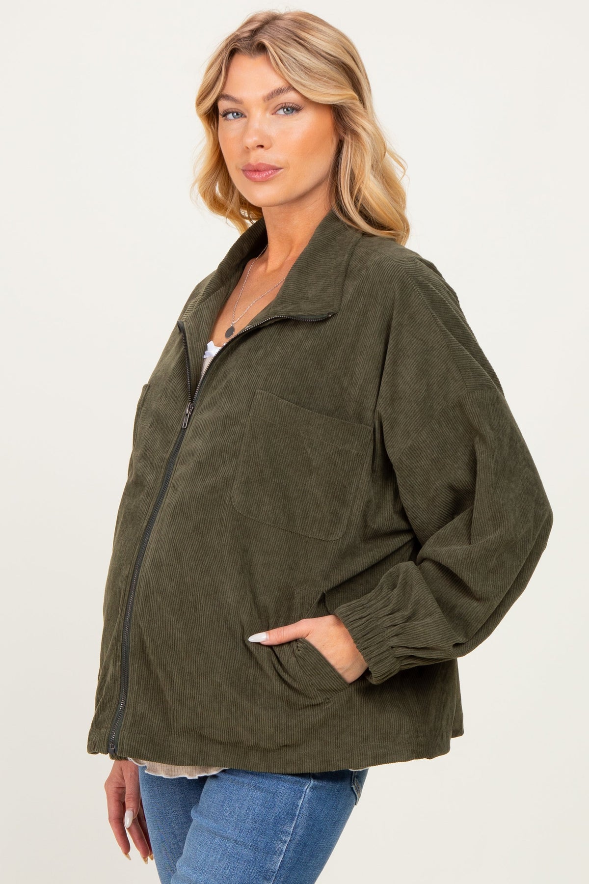 Olive Oversized Corduroy Maternity Zipper Jacket