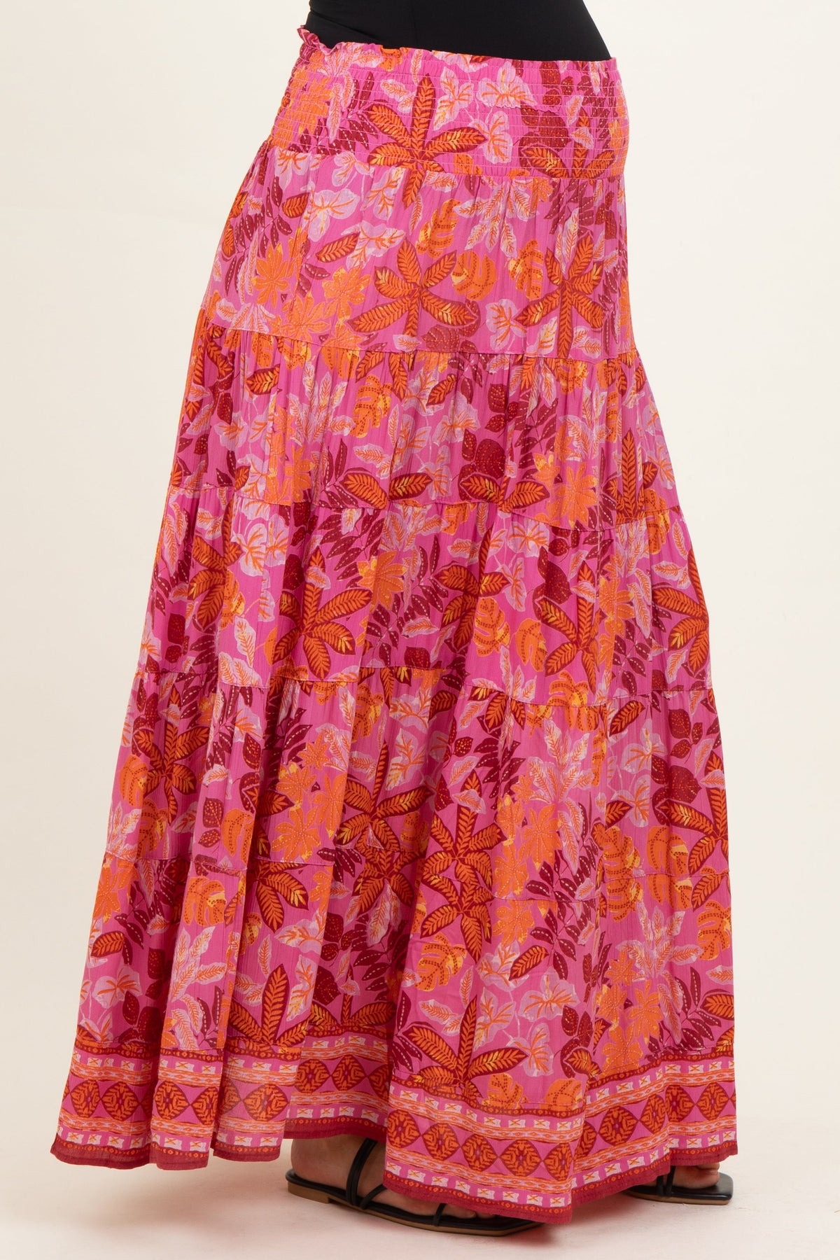 Fuchsia Floral Tiered Smocked Waistband Maternity Maxi Skirt