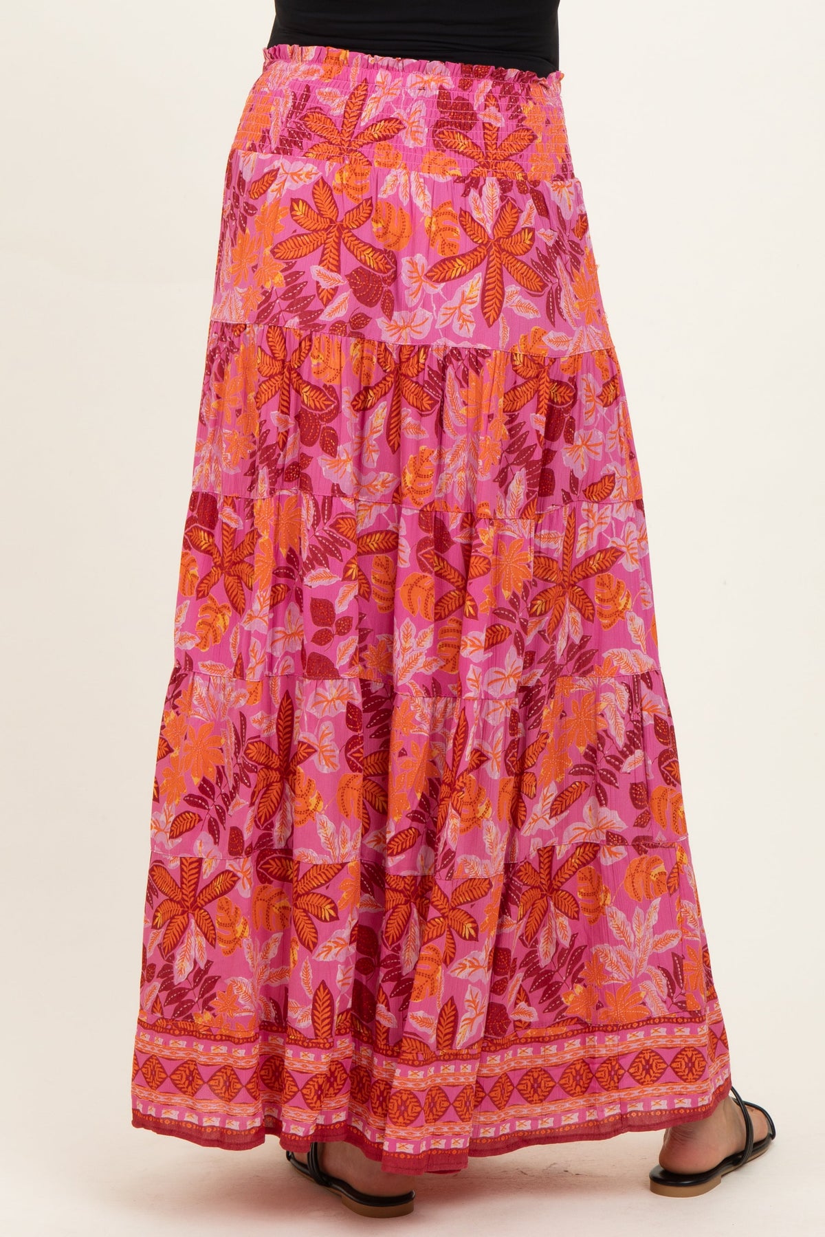Fuchsia Floral Tiered Smocked Waistband Maternity Maxi Skirt