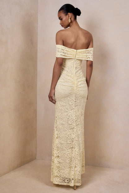 Aries Lemon Lace Bardot Neck Maxi Dress With Gathered Detailing