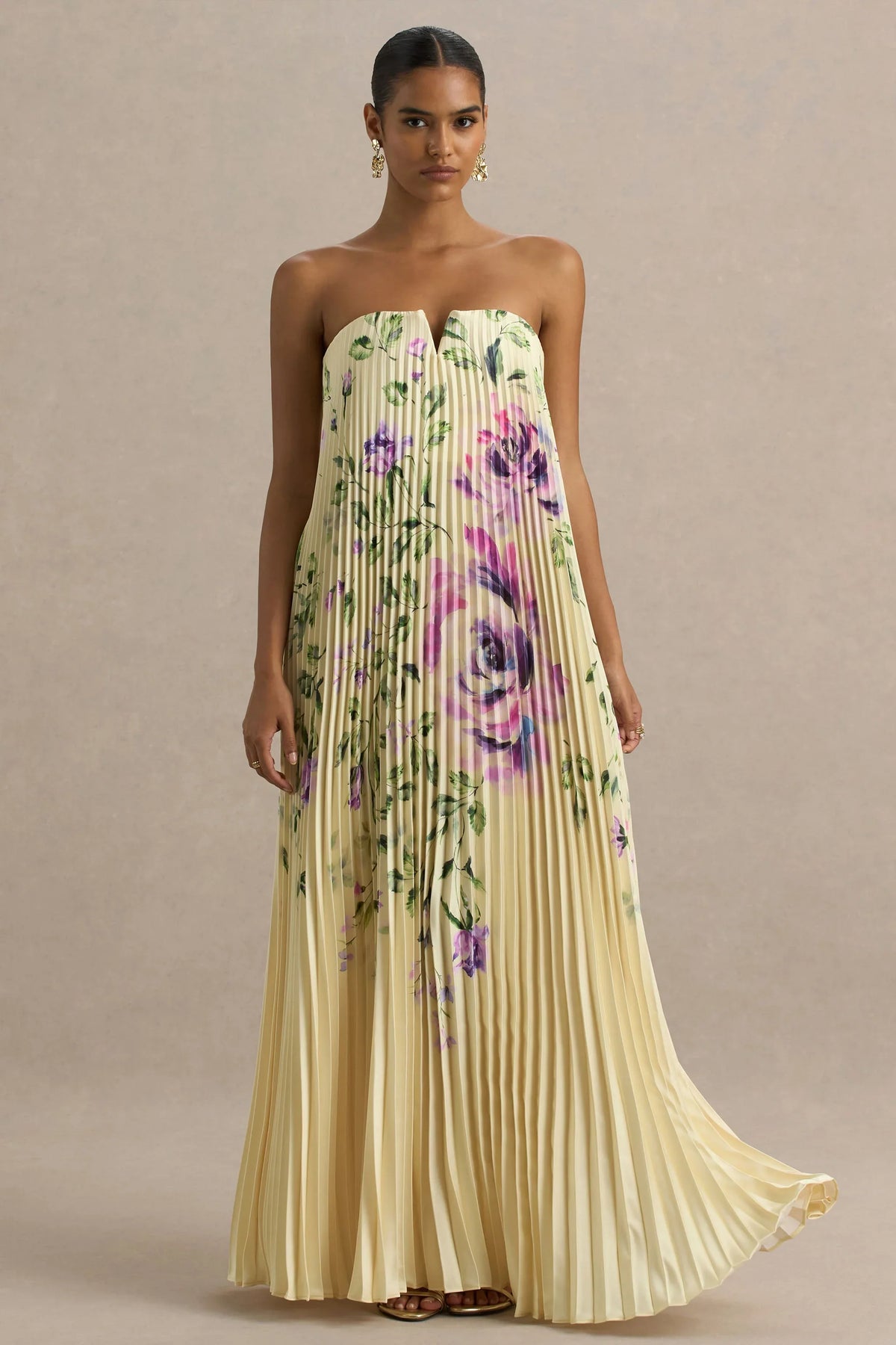 Bergamot Lemon Rose Print Satin Sweetheart Maxi Dress