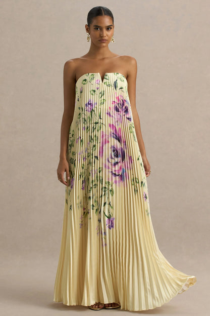 Bergamot Lemon Rose Print Satin Sweetheart Maxi Dress