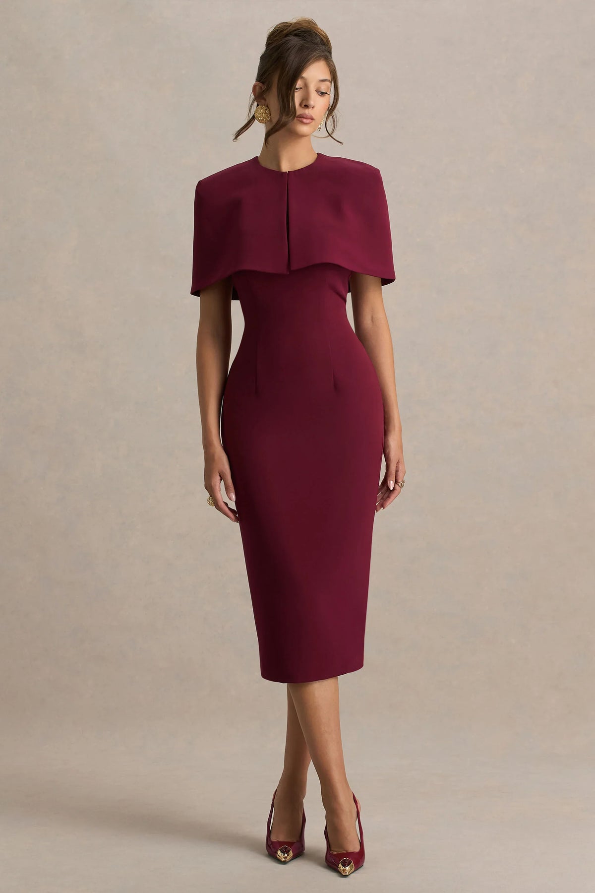 Baylor Burgundy Midi Dress With Removable Cape