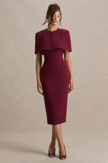 Baylor Burgundy Midi Dress With Removable Cape