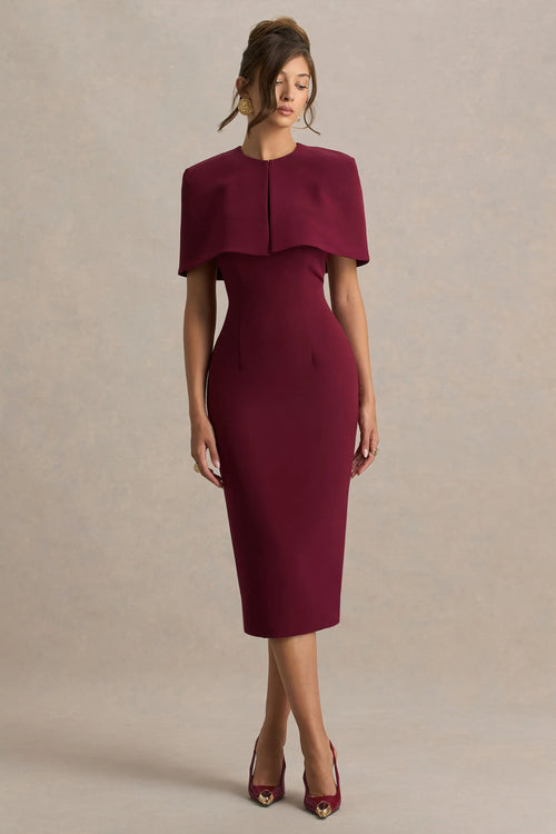 Baylor Burgundy Midi Dress With Removable Cape
