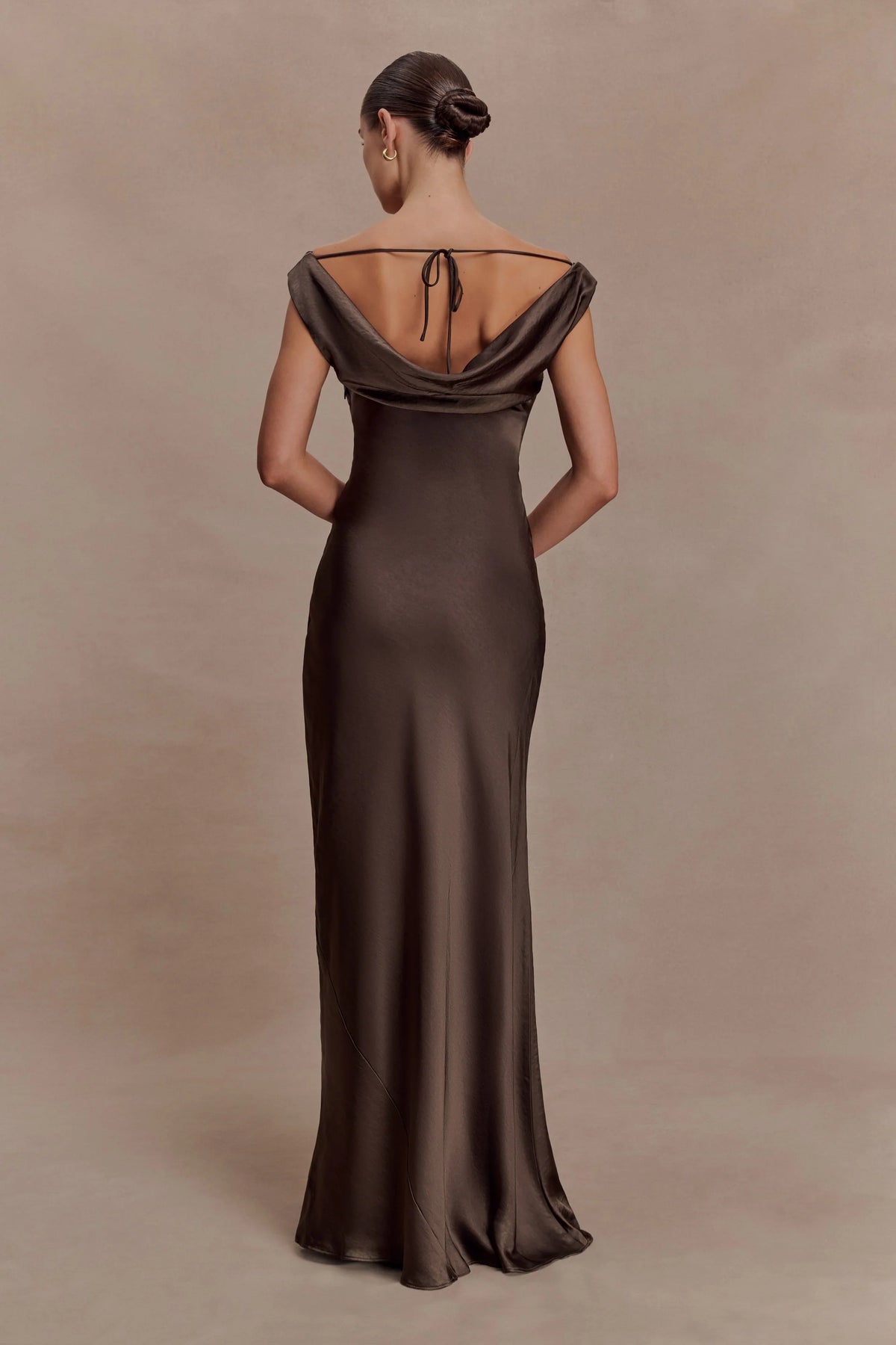 Ashley Cowl Neck Lace And Satin Maxi Dress Mocha
