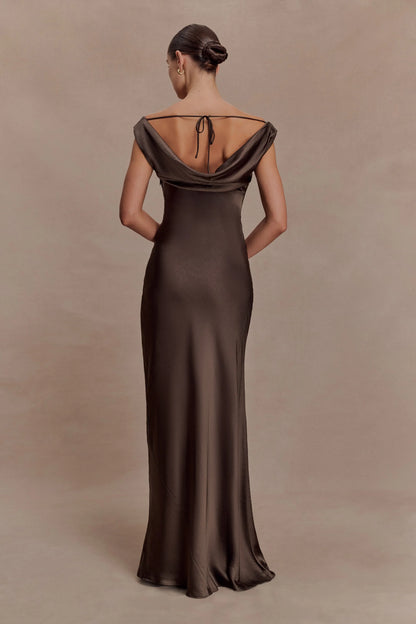 Ashley Cowl Neck Lace And Satin Maxi Dress Mocha