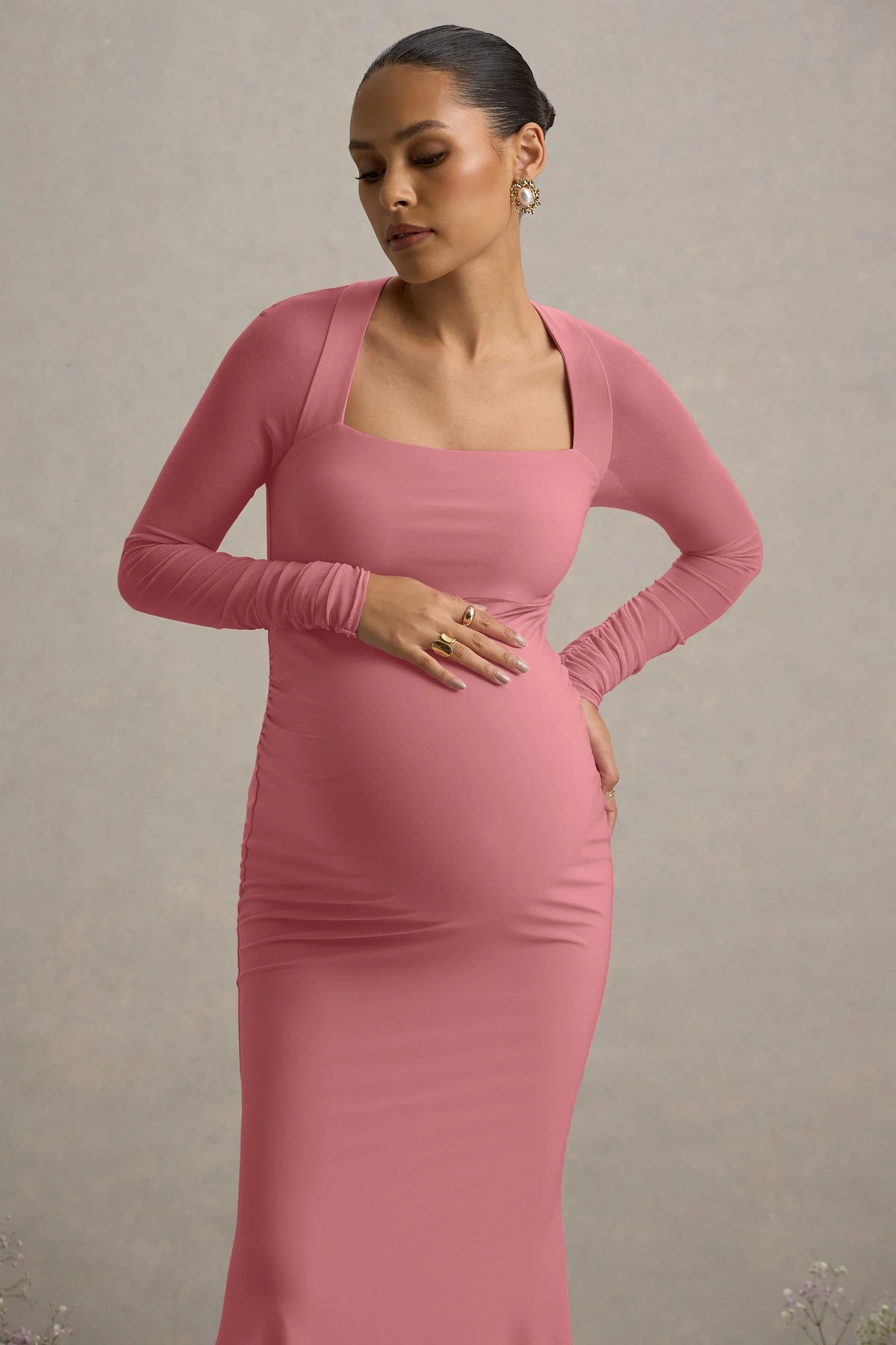 Abeam Blush Pink Maternity Maxi Dress With Sheer Sleeves