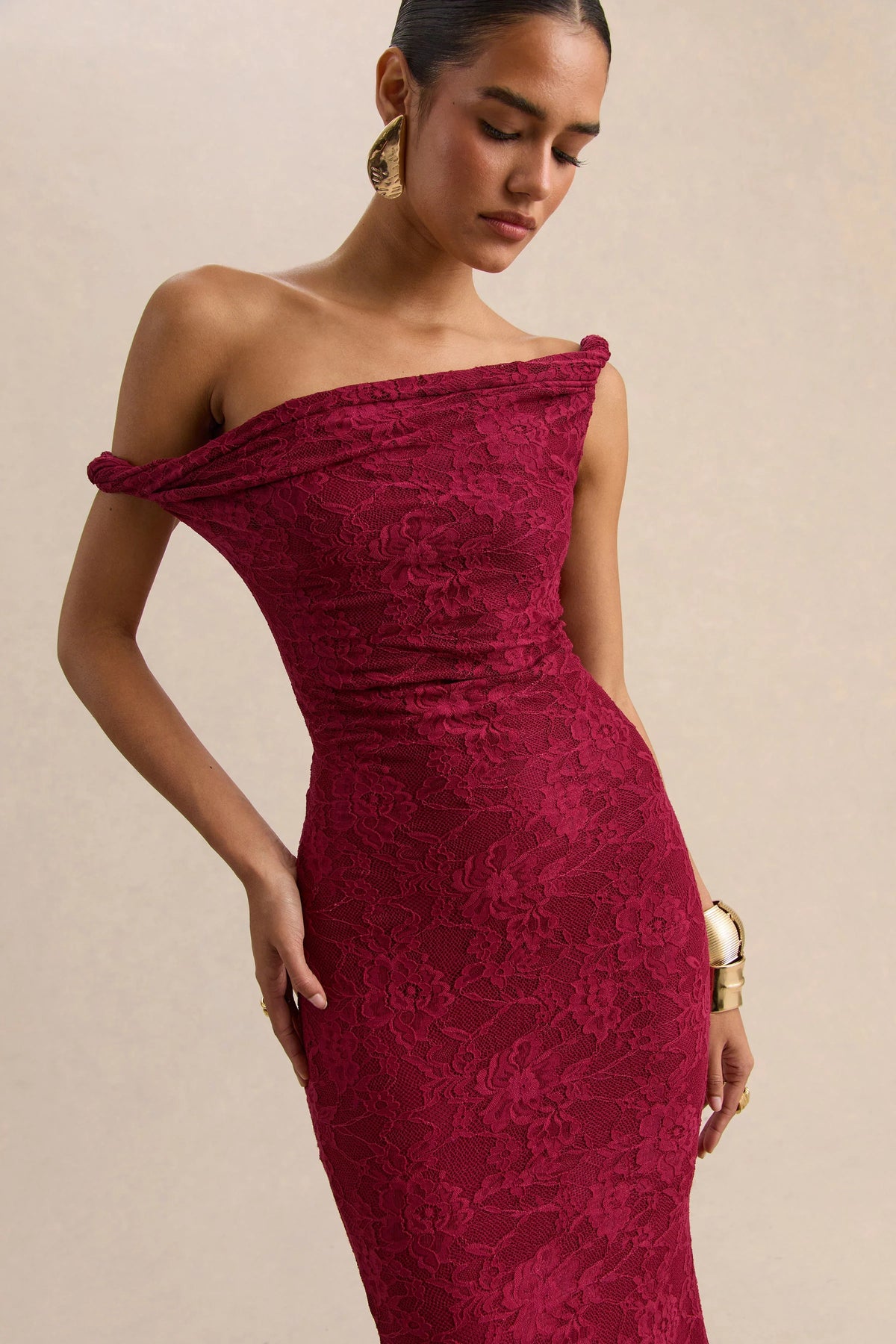 Afina Burgundy Lace Asymmetric Neck Maxi Dress