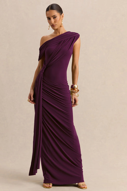 Avialee Dark Plum Asymmetric Neck Maxi Dress With Gathered Detailing And Sash
