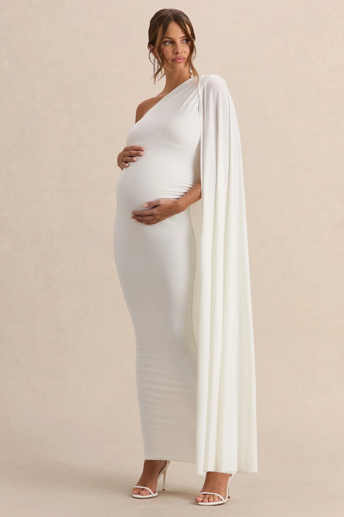Amaryllis White Maternity One Shoulder Maxi Dress with Cape Sleeve