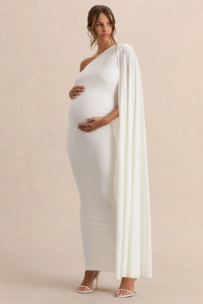 Amaryllis White Maternity One Shoulder Maxi Dress with Cape Sleeve