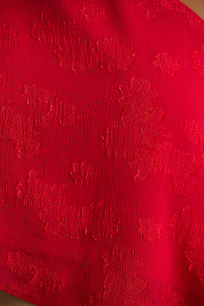 Aruba Red Satin Devore Asymmetric Long Sleeve Crop Top