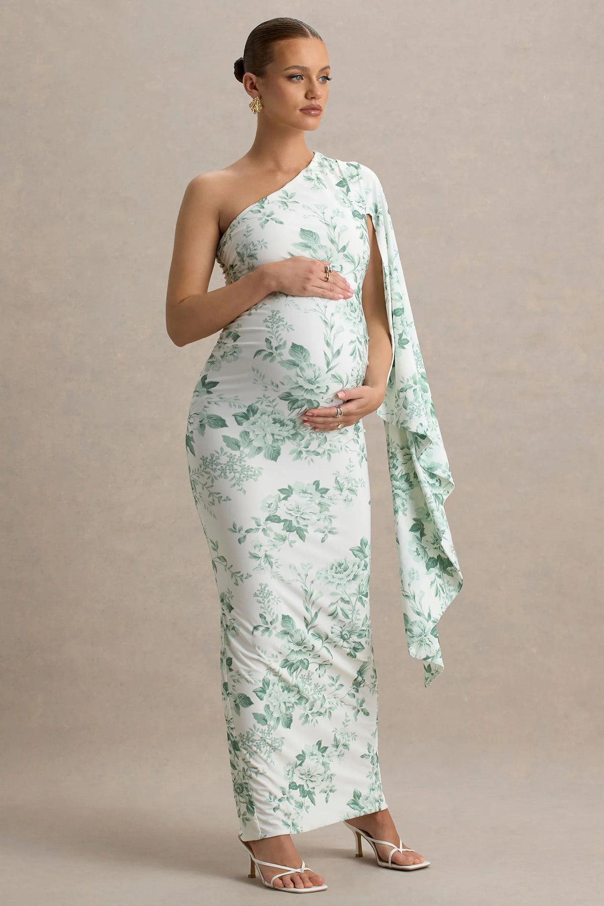 Aliana Green Porcelain Print Asymmetric Maternity Maxi Dress With Ruched Detailing