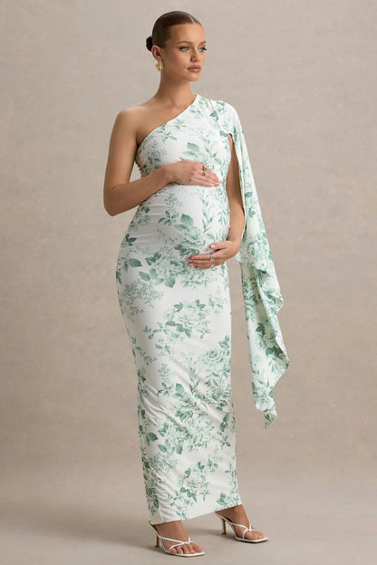 Aliana Green Porcelain Print Asymmetric Maternity Maxi Dress With Ruched Detailing