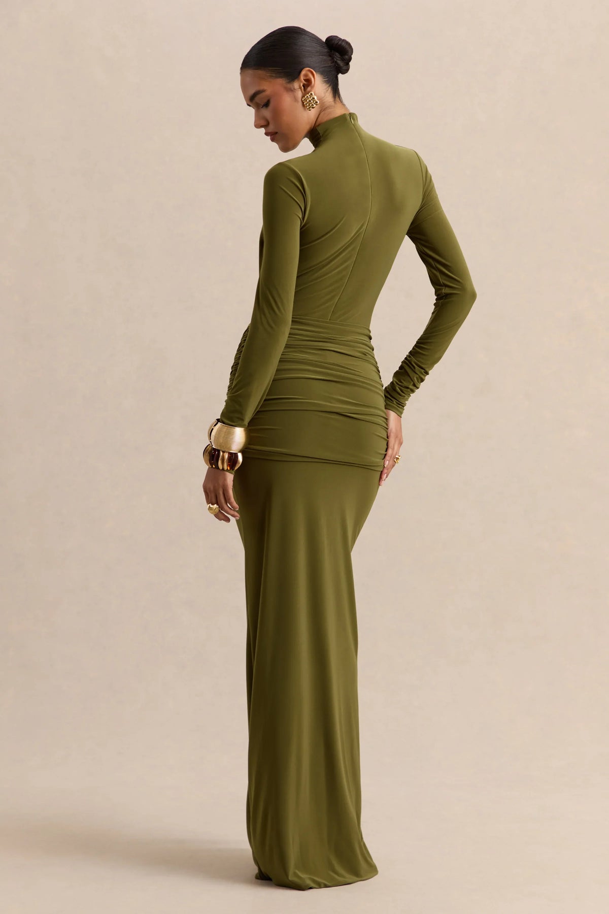 Ambrette Olive High Neck Maxi Dress With Gathered Detailing
