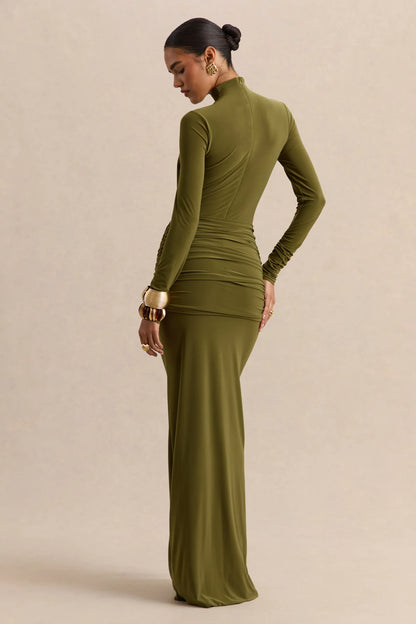 Ambrette Olive High Neck Maxi Dress With Gathered Detailing