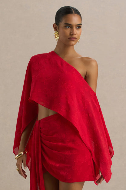 Aruba Red Satin Devore Asymmetric Long Sleeve Crop Top