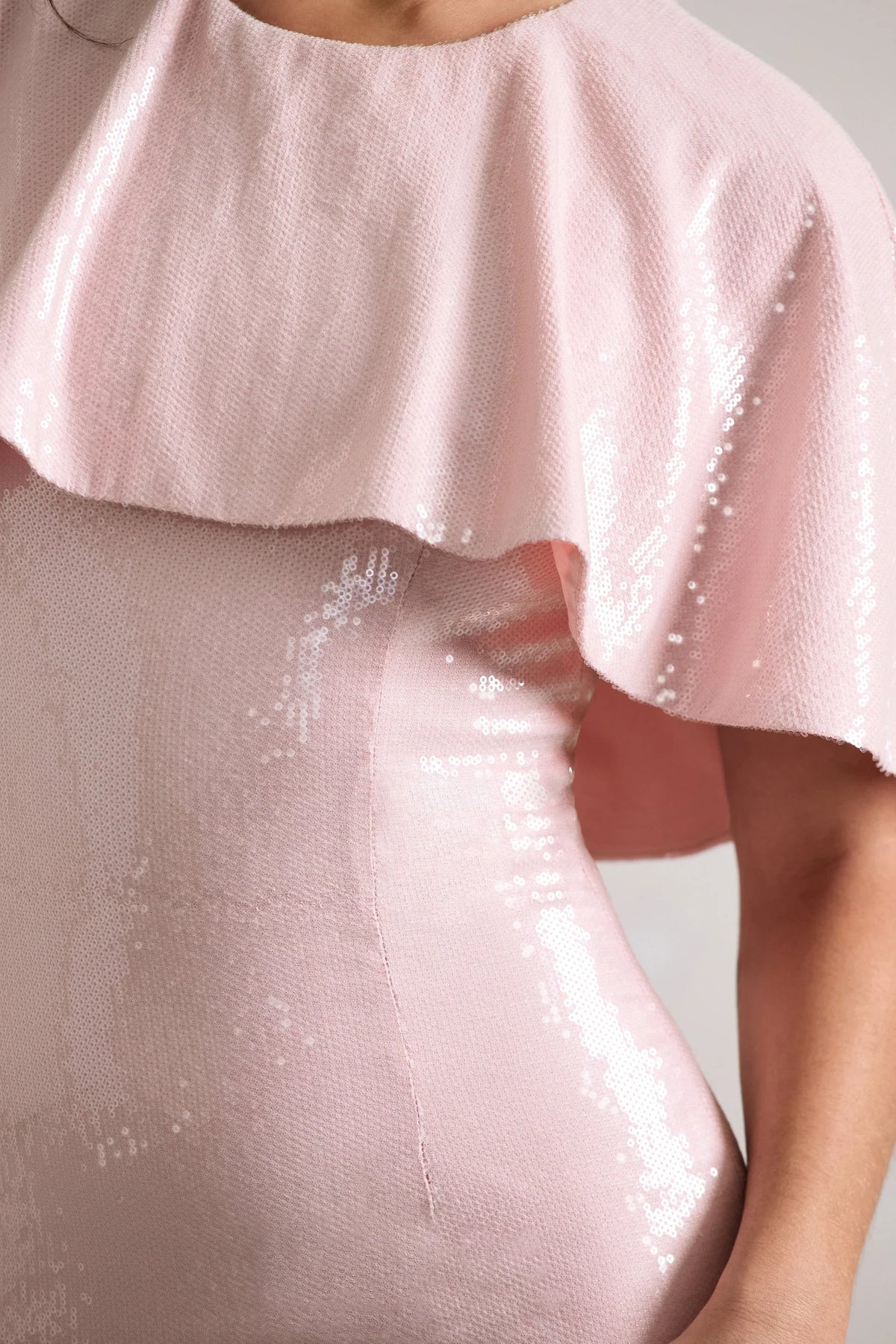 Amelie Pastel Pink Sequin Midi Dress With Cape