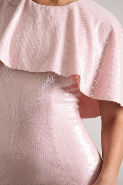 Amelie Pastel Pink Sequin Midi Dress With Cape