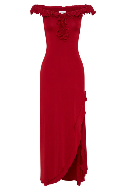 Allegra Off Shoulder Ruffle Midi Dress Ruby