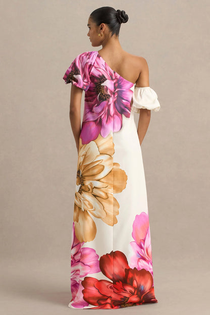 Anastasia Large Multi Floral Print Asymmetric Neck Maxi Dress