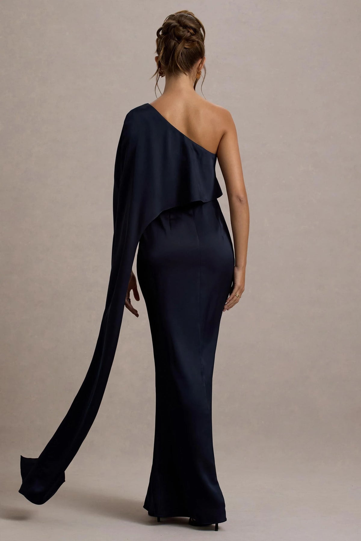 Amora Navy Satin Asymmetric Cape Sleeve Split Maxi Dress