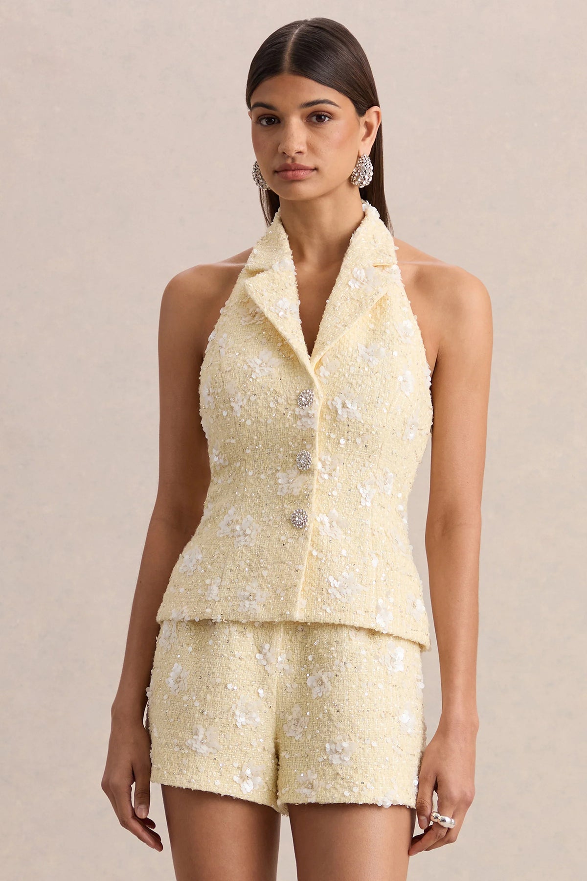 Alba Lemon Boucle Plunge Neck Crop Top