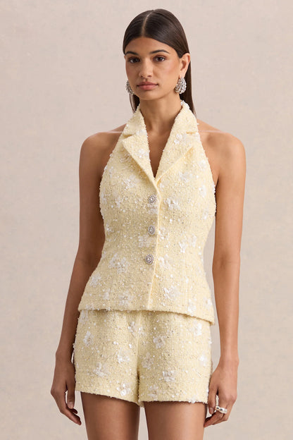 Alba Lemon Boucle Plunge Neck Crop Top