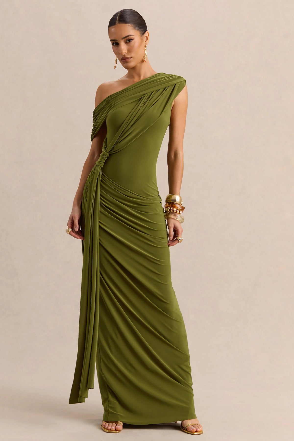 Avialee Green Asymmetric Neck Maxi Dress With Gathered Detailing And Sash