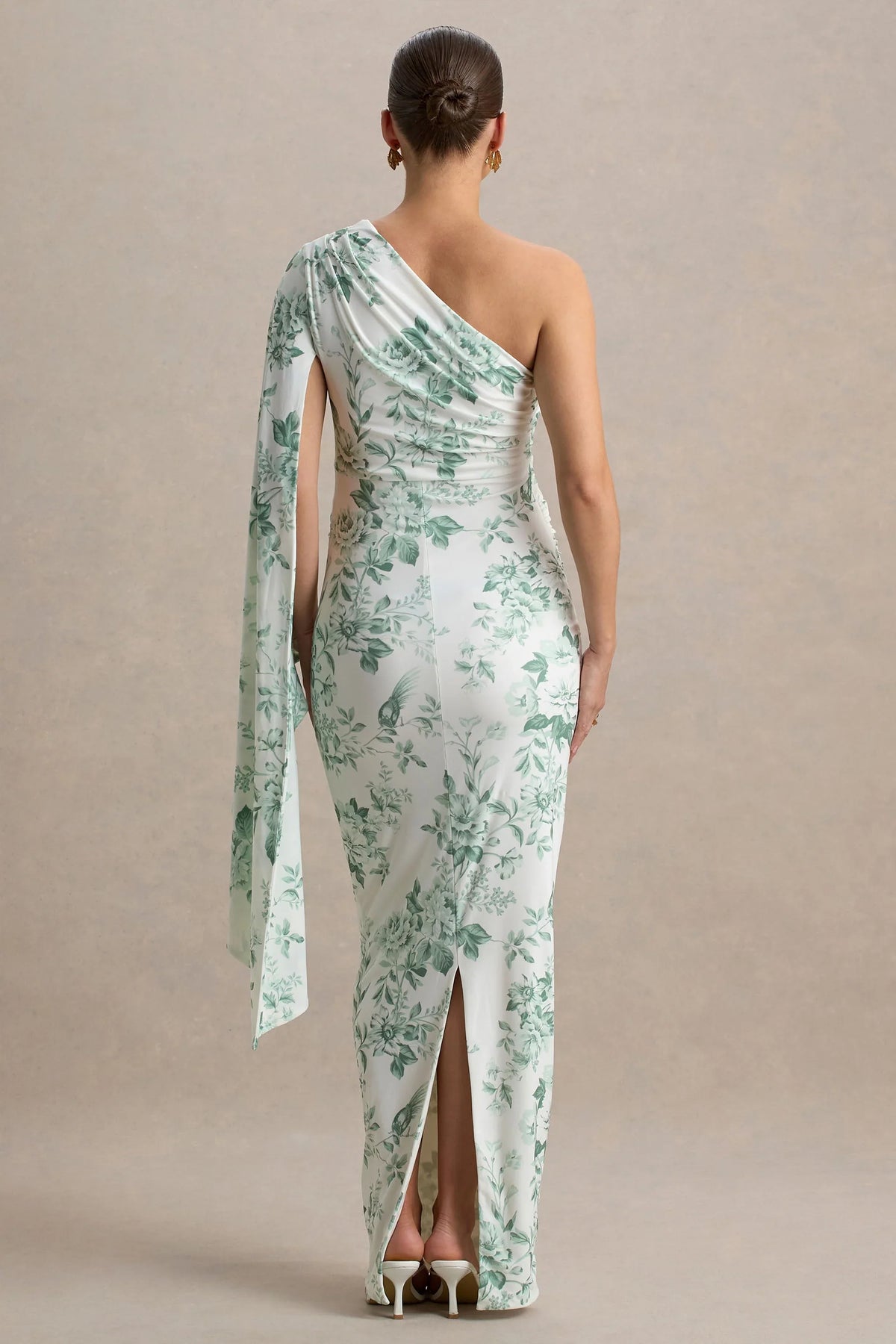 Aliana Green Porcelain Print Asymmetric Maternity Maxi Dress With Ruched Detailing