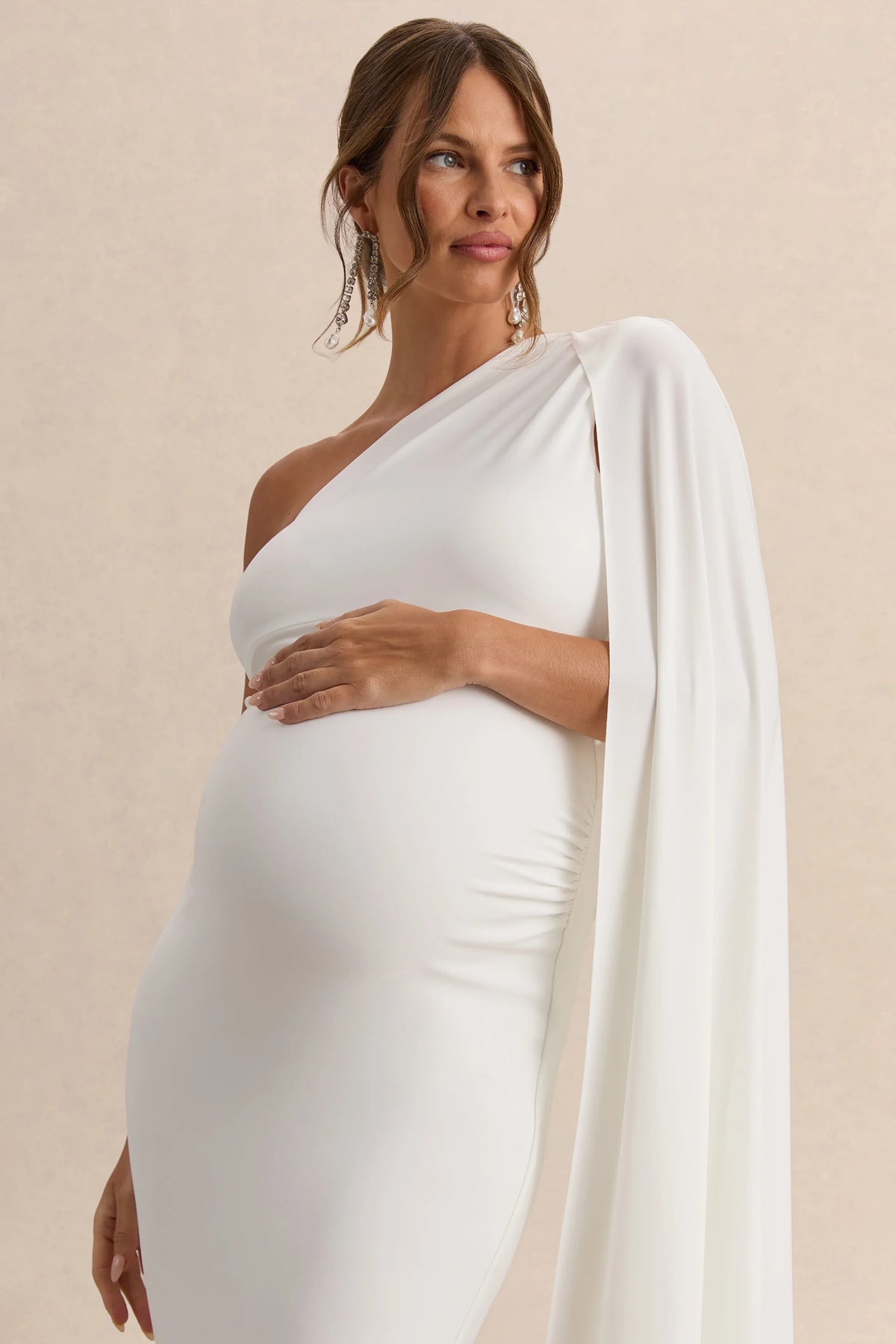 Amaryllis White Maternity One Shoulder Maxi Dress with Cape Sleeve