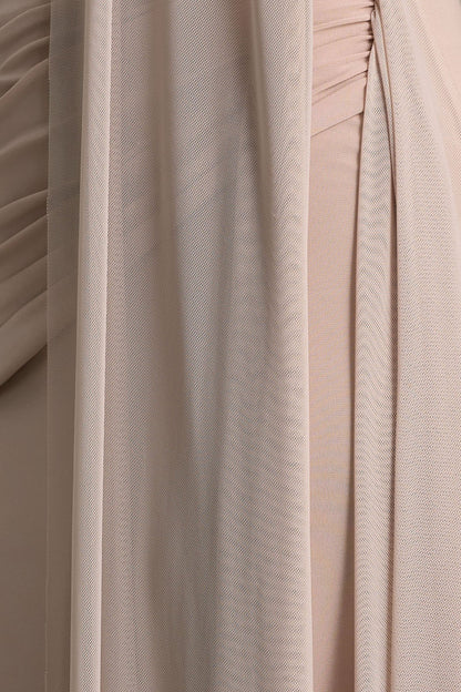 Brenda Champagne Crew Neck Maxi Dress With Mesh Cape And Sash