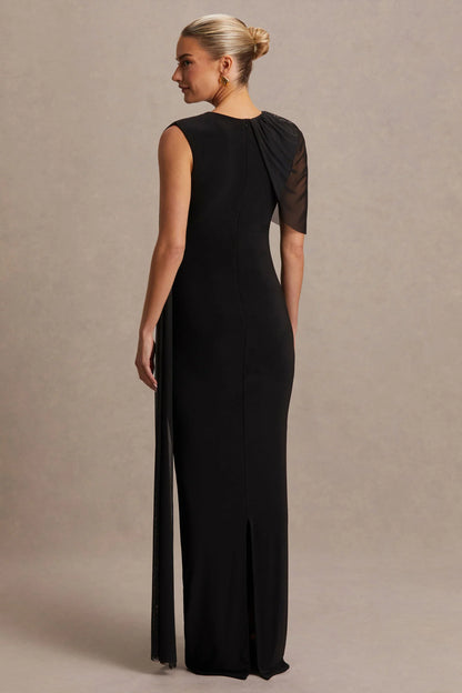 Amelise Black High Neck Maternity Maxi Dress With Mesh Cape Sleeve And Sash Detail