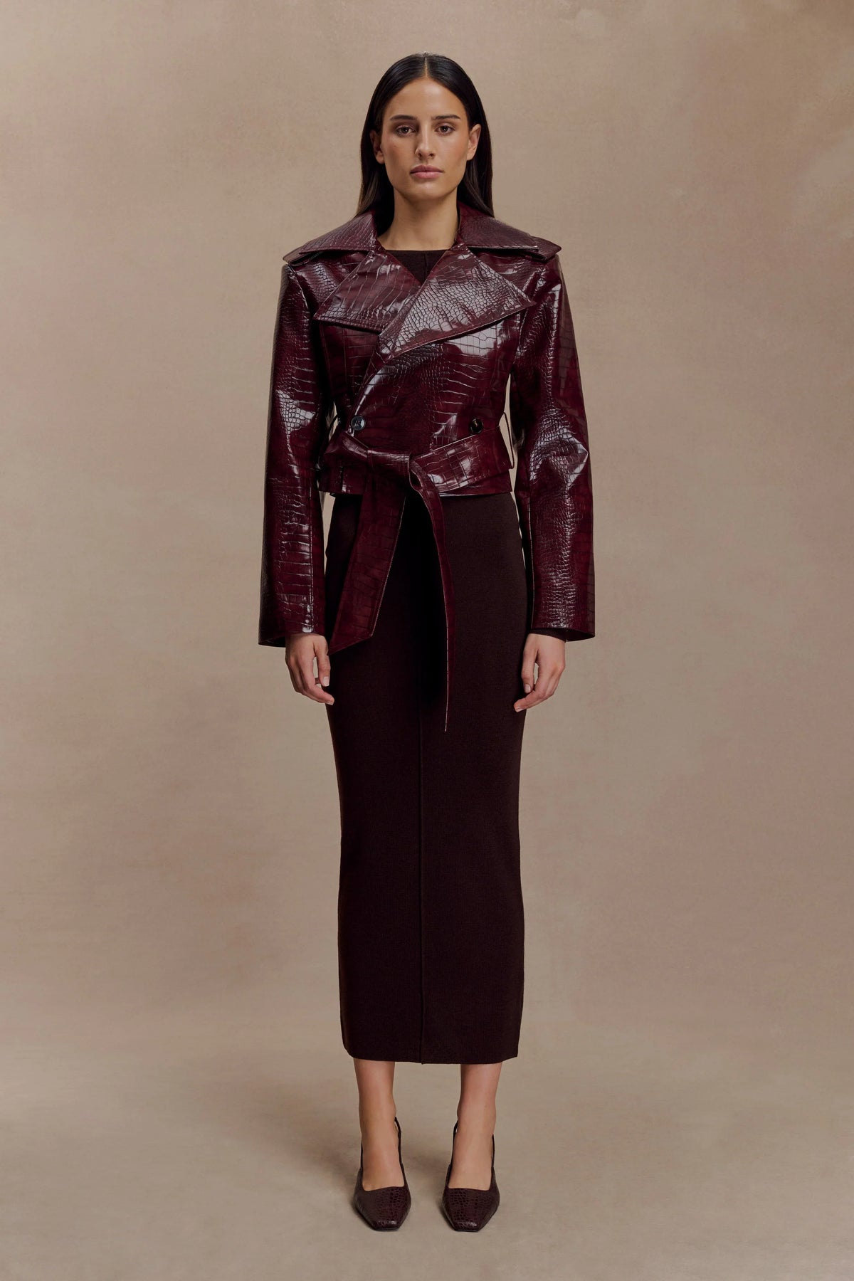 Archie Croc Faux Leather Cropped Jacket Burgundy