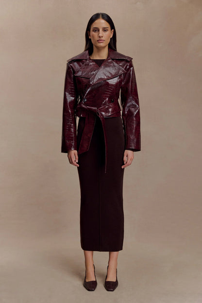 Archie Croc Faux Leather Cropped Jacket Burgundy