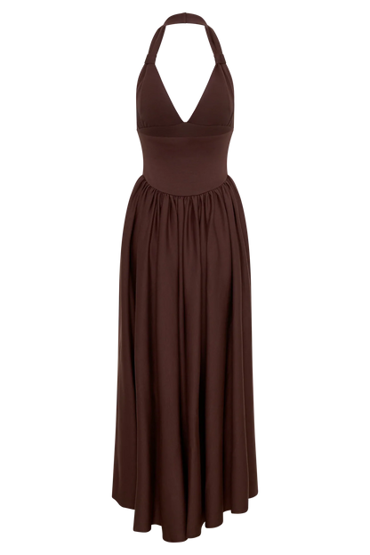 Angelina Scuba Halter Midi Dress Chocolate