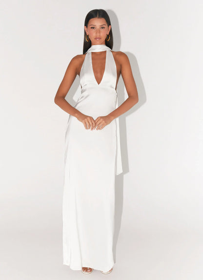 Alicia Satin Halter Maxi Dress White