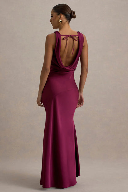 Alesso Burgundy Satin Cowl Neck Slip Maxi Dress