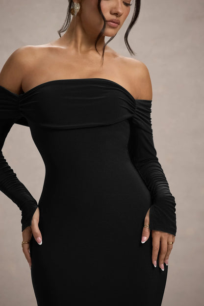 Amaia Black Bardot Long Sleeve Maxi Dress