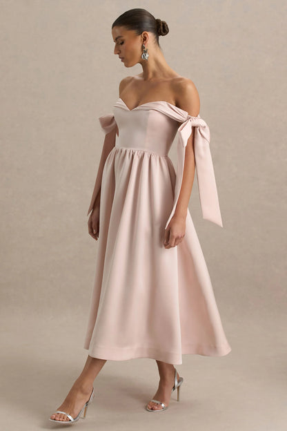 Agafay Rose Pink Satin Short Sleeve Bardot Wrap Midi Dress With Bow Detail