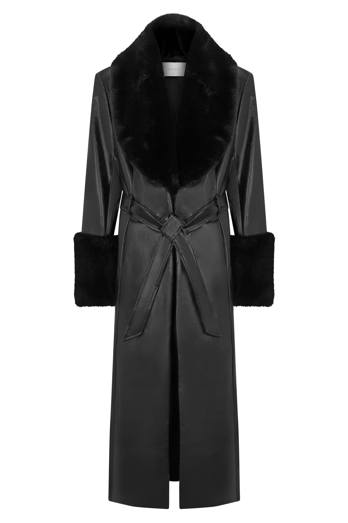 Bec Faux Leather Trench Coat With Faux Fur Black