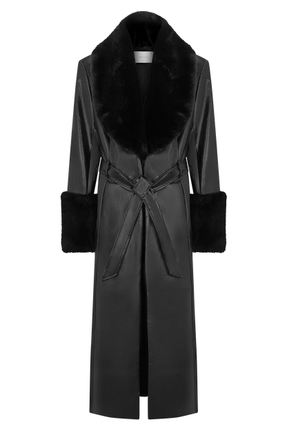 Bec Faux Leather Trench Coat With Faux Fur Black