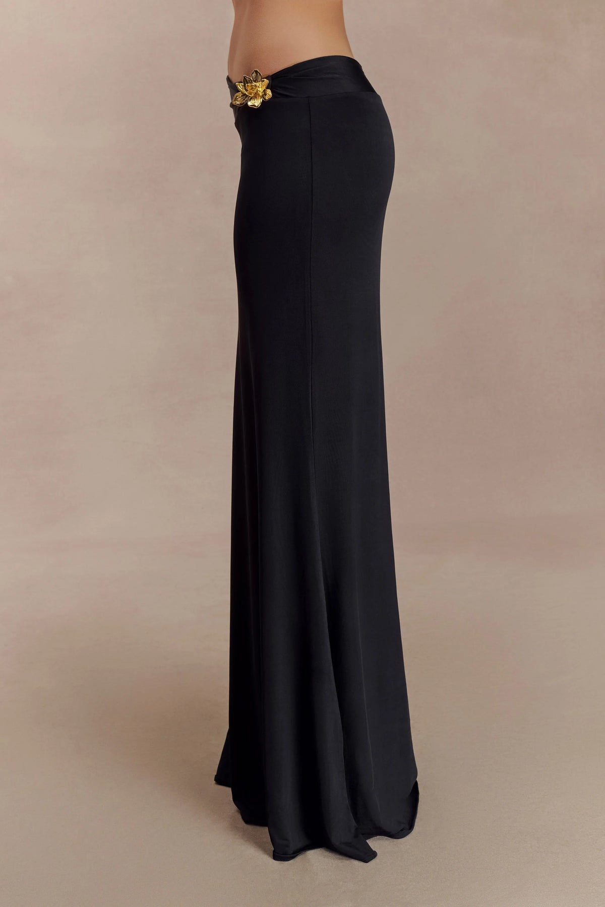 Ainsley Asymmetrical Maxi Skirt With Floral Hardware Black