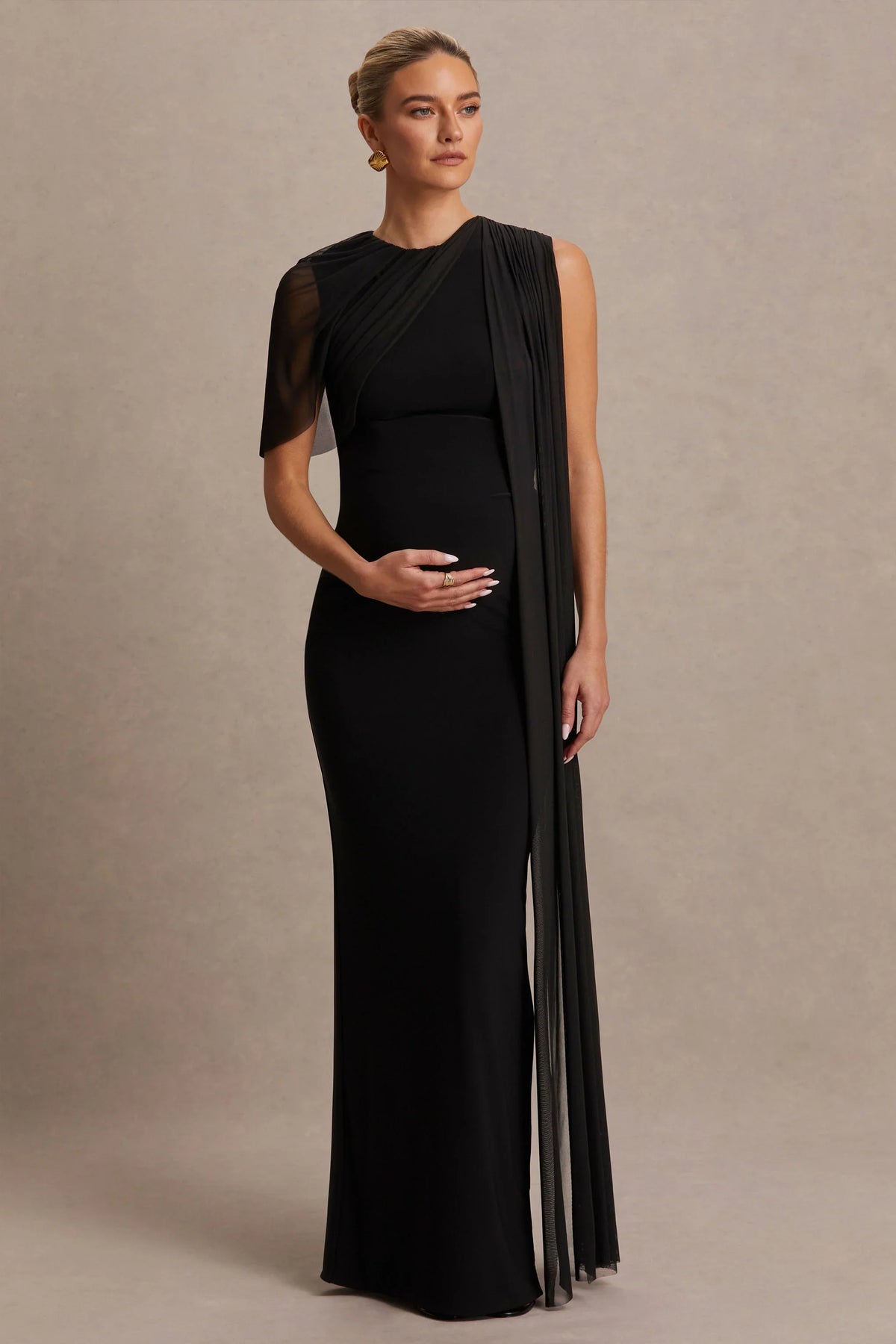 Amelise Black High Neck Maternity Maxi Dress With Mesh Cape Sleeve And Sash Detail