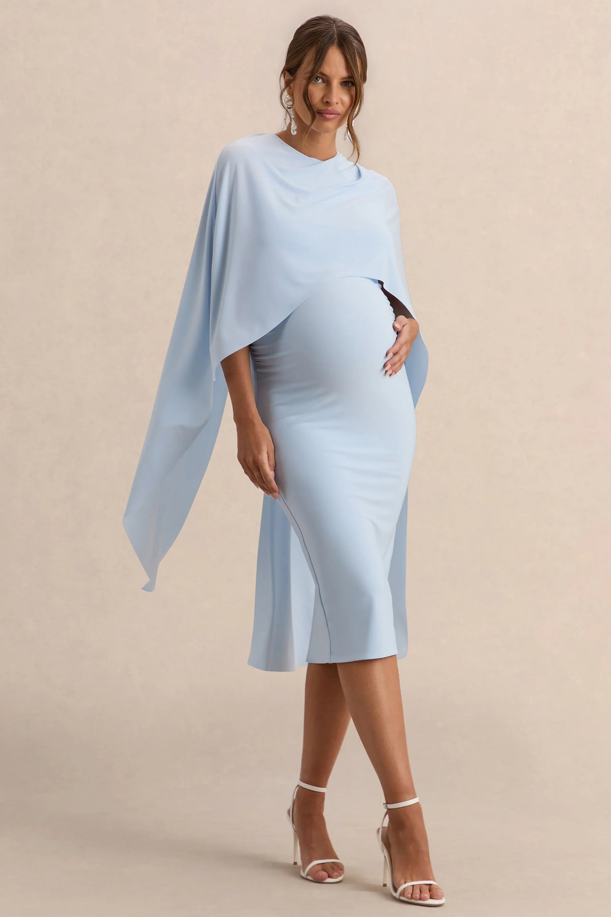 Arwen Powder Blue Round Neck Maternity Midi Dress With Cape Detail